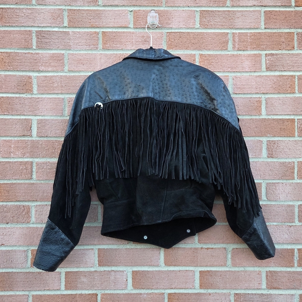 Outerwear By Phoenix Suede Fringed Ostrich Print Leather Vintage Women's Jacket - Picture 7 of 8